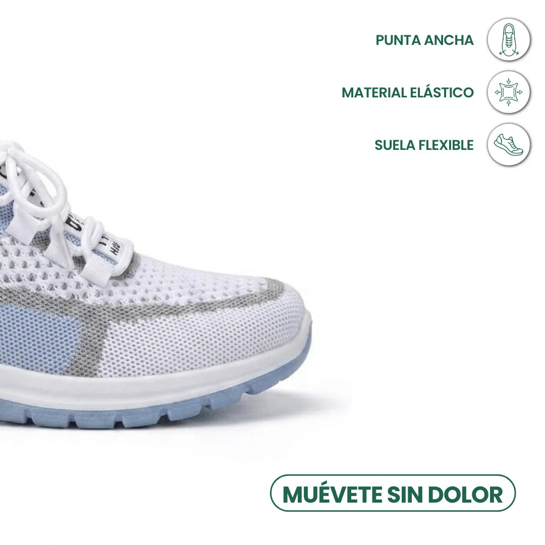 Detail špičky bílo-modré tenisky z prodyšné síťoviny s ikonami široké špičky, elastického materiálu a flexibilní podrážky. 5