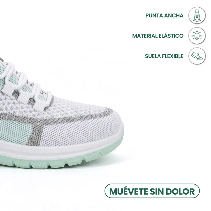 Detail špičky bílo-mátové tenisky z prodyšné síťoviny s ikonami široké špičky, elastického materiálu a flexibilní podrážky. 14