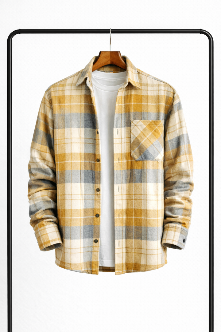 Žluto-šedá kostkovaná overshirt na ramínku, rozepnutá přes bílé tričko, pohled zepředu s náprsní kapsou. 4