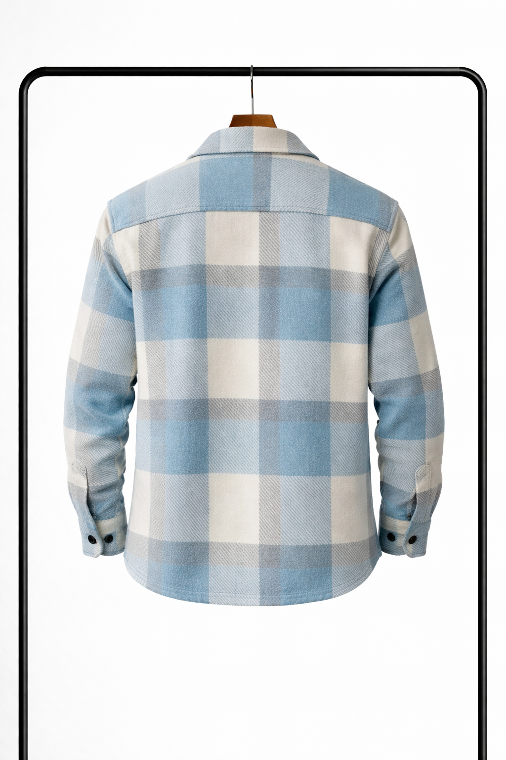 Záda modro-krémové kostkované overshirt na ramínku, vidět velký kostkovaný vzor, zadní sedlo a manžety s knoflíky. 2