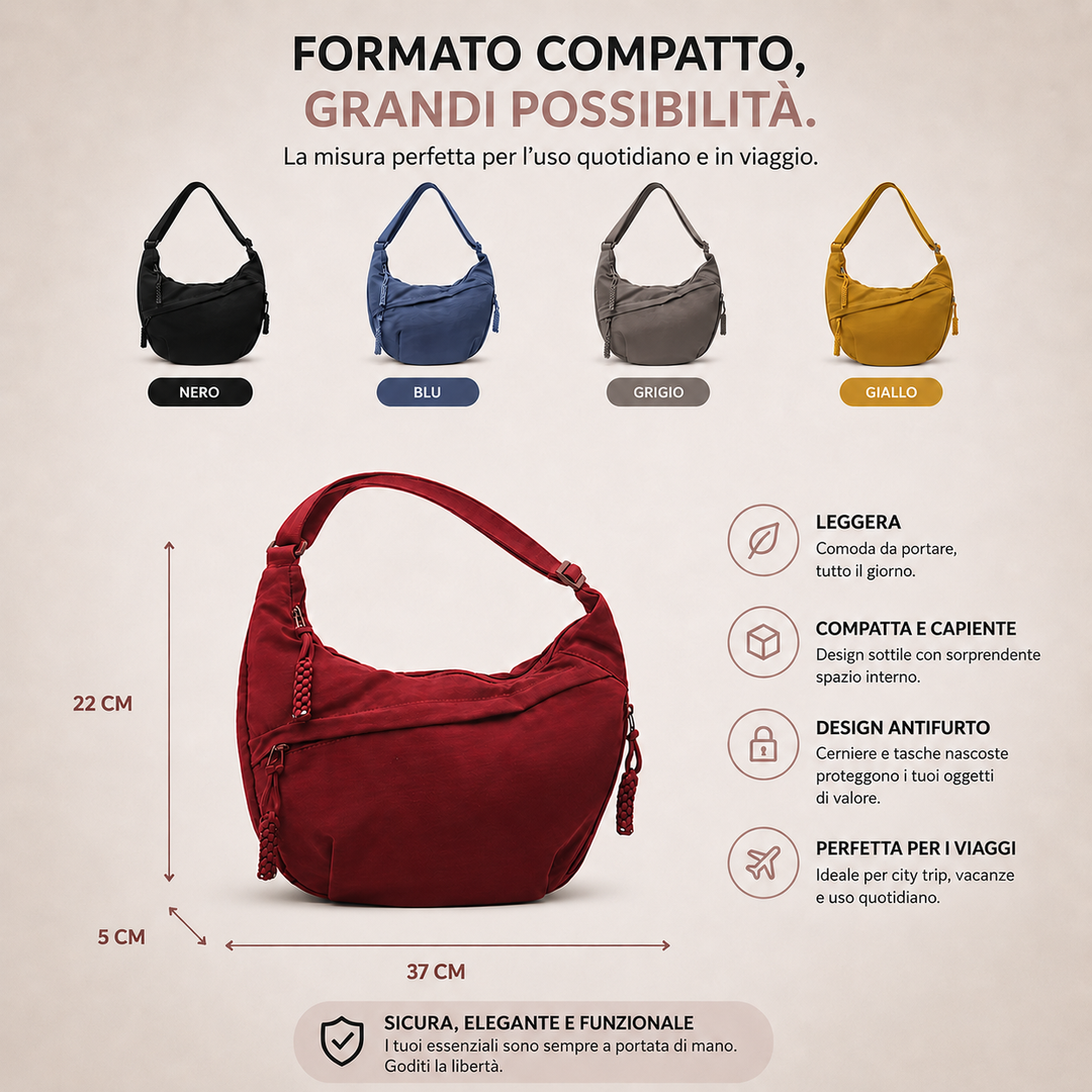 Přehledová grafika s kabelkou v pěti barevných variantách, s rozměry a stručným výčtem vlastností. 4