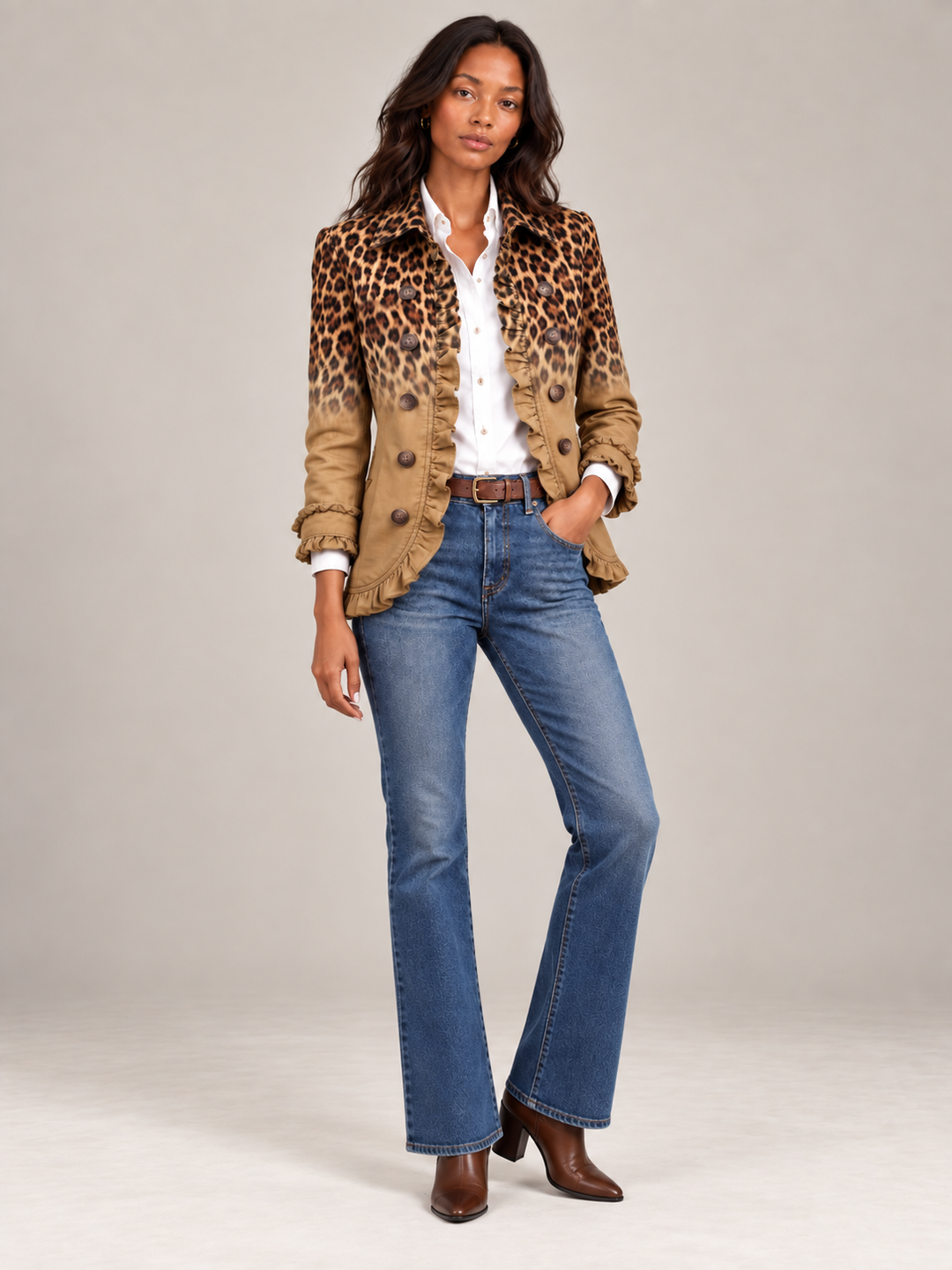 Celá postava modelky v béžovém sakru s leopardím přechodem a volánky, bílá košile, zvonové džíny a hnědé kotníkové boty. 9
