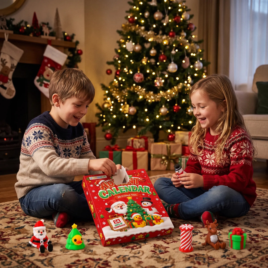 Dvě usmívající se děti sedí u vánočního stromku a otevírají červený adventní kalendář s figurkami kolem 1