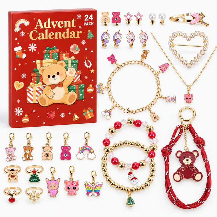 Červený adventní kalendář s medvídkem a rozložené šperky: náramky, přívěsky, prstýnky, náušnice, spona a náhrdelník 2