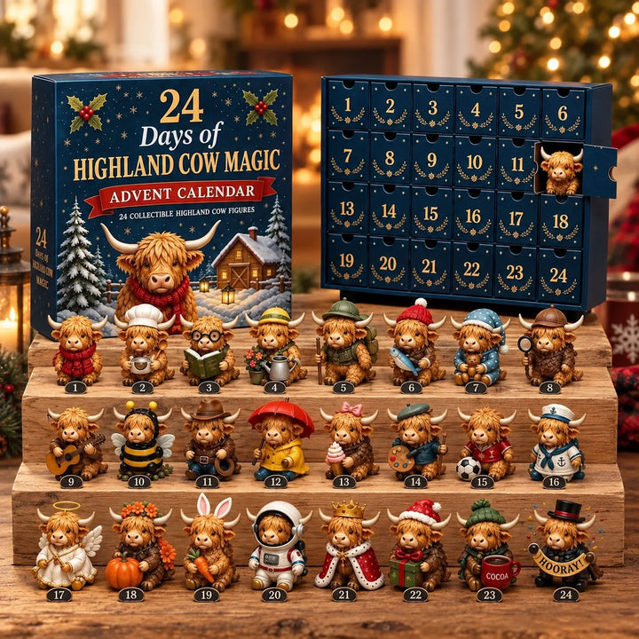 Modrá adventní krabice s dvířky 1 až 24 a před ní všech 24 figurek skotských krav v kostýmech, na dřevěných schodech u vánočních světýlek. 1