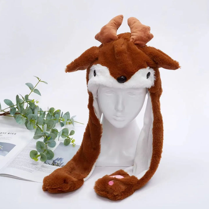Rentier-Mütze aus Plüsch, braun-weiß, mit Geweih, Winteraccessoire, Weihnachtskostüm.