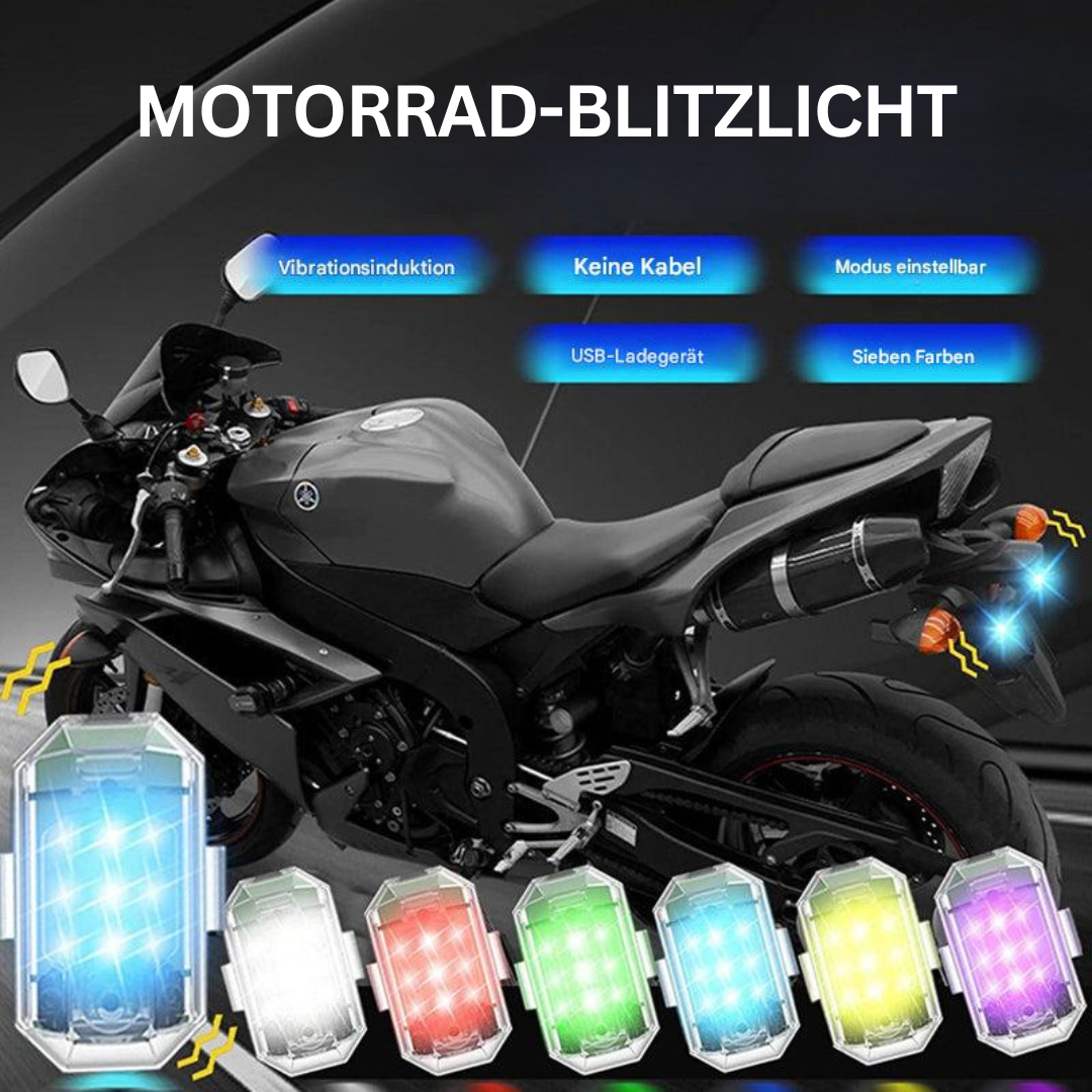 Schwarzes Motorrad mit LED-Blitzlicht, sieben Farben, kabellos, USB-Ladegerät, vibrationsaktiviert.