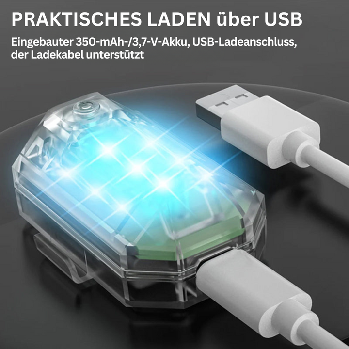 Transparente LED-Lampe mit USB-Ladekabel, 350-mAh-Akku, praktisches Aufladen, modern.