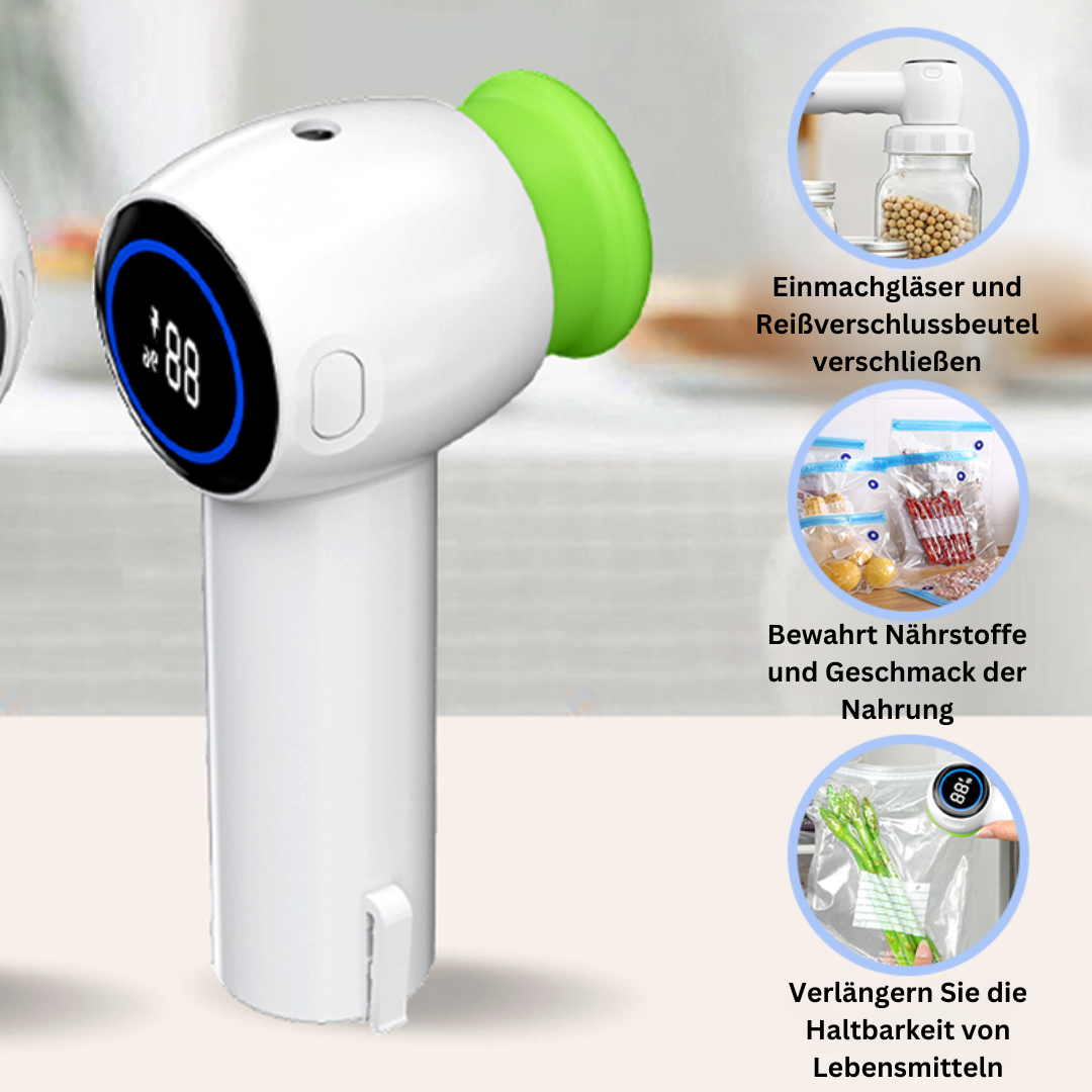 Vakuumierer weiß, digital, kompakt, für Lebensmittelkonservierung, mit grünem Dichtungsring.
