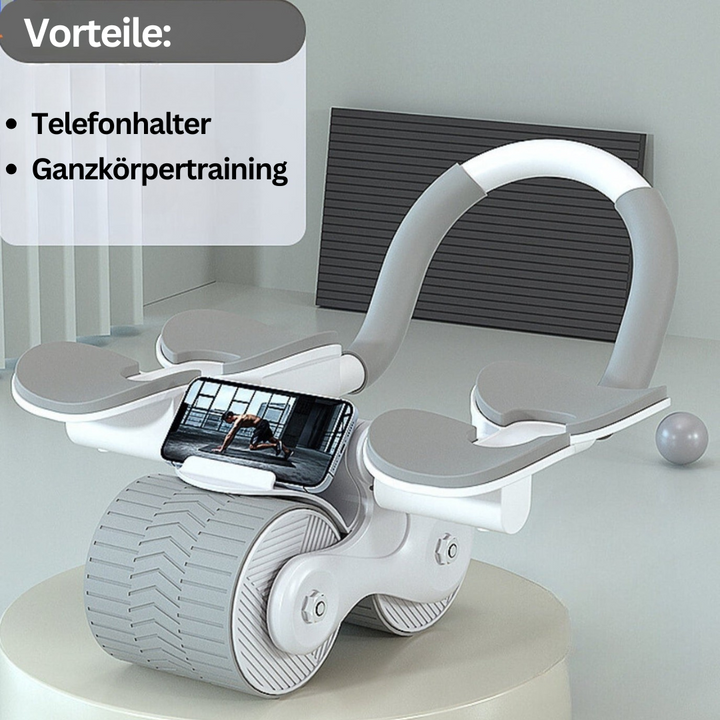 Multifunktionaler Bauchtrainer, weiß-grau, mit Telefonhalter, für effektives Ganzkörpertraining.
