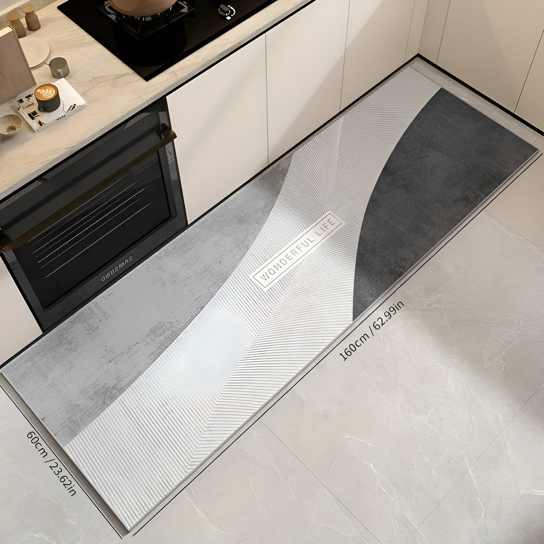 Weiche graue Küchenmatte, rutschfest, saugfähig, 160x60cm, modernes Design.
