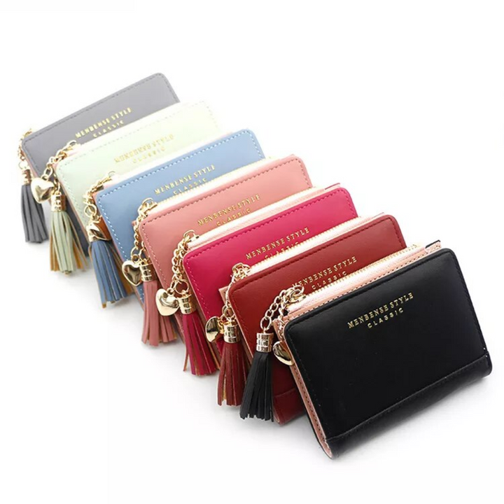 Bunte Mini-Kartenetuis mit Quasten, Leder, kompakt, stilvoll, für Damen, verschiedene Farben.