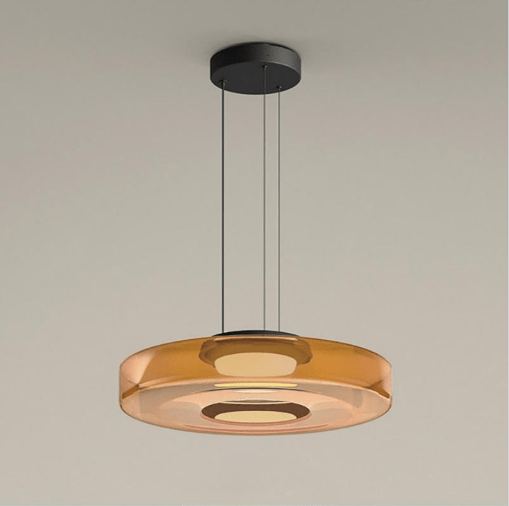 Moderne Pendelleuchte aus Glas, rund, bernsteinfarben, für Wohnzimmerbeleuchtung.