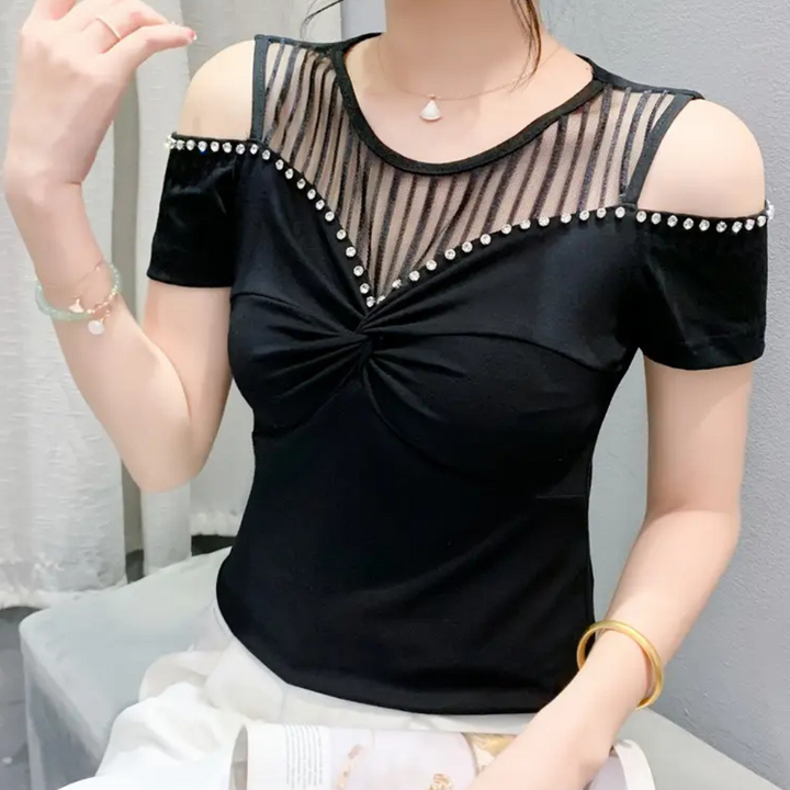 Schwarzes Damen-Oberteil mit Perlen, schulterfrei, Netzstoff, elegant, modisch, Sommermode.