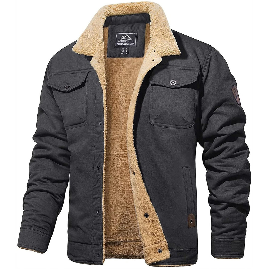 Schwarze Herren-Bomberjacke mit beigem Futter, warm, modisch, Winterkleidung.