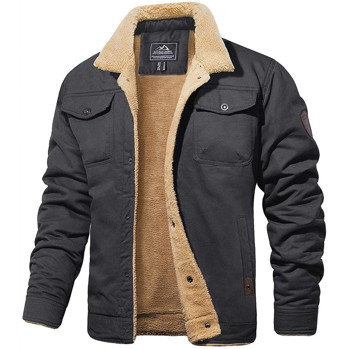 Schwarze Herren-Bomberjacke mit beigem Futter, warm, modisch, Winterkleidung.