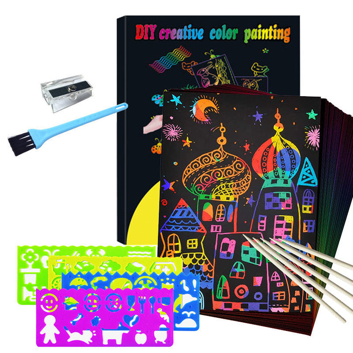 DIY Kratzbilder Set, bunt, mit Schablonen und Stiften, kreative Malerei für Kinder.