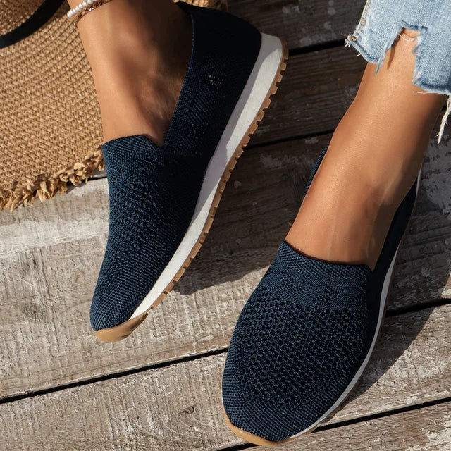 Damen-Slip-On-Schuhe, dunkelblau, Mesh, flach, Frühling, lässig, runde Zehenform.