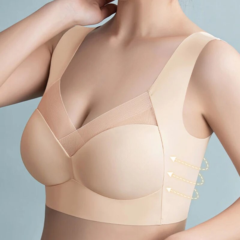 Damen nahtloser Sport-BH, hautfarben, rückenfrei, stoßfest, Plus-Size, bequem.
