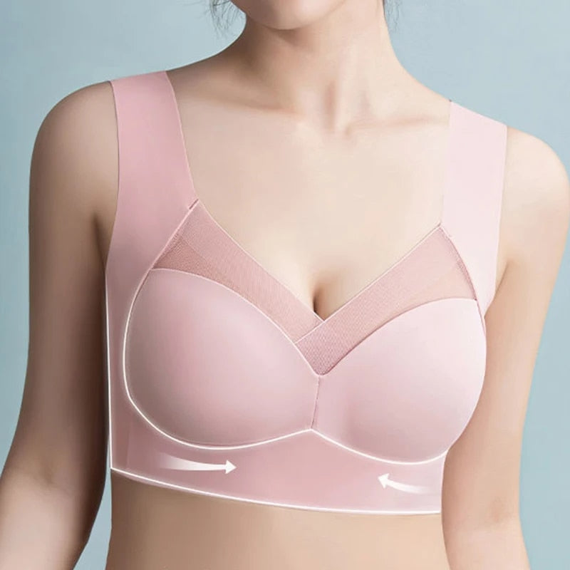 Damen nahtloser Sport-BH, rosa, Spitzen-Design, stoßfest, Plus-Size, rückenfrei.