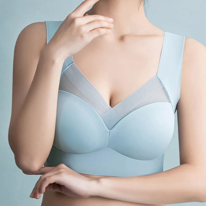 Damen Sport-BH, nahtlos, hellblau, Spitzen-Design, stoßfest, Plus-Size, bequem.