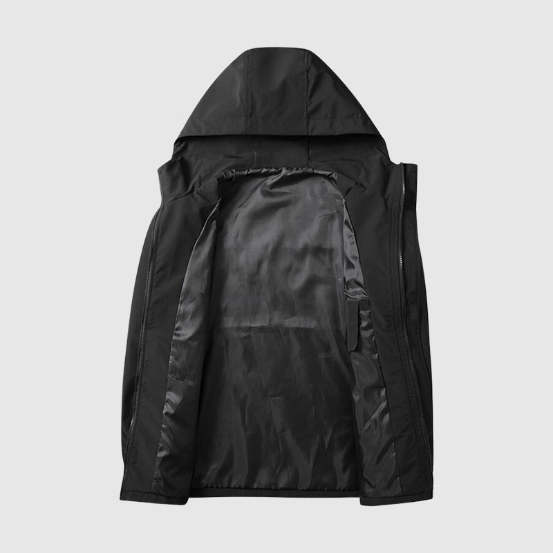 Schwarze Kapuzenjacke, wasserabweisend, mit Reißverschluss, für Herren, Outdoor-Bekleidung.