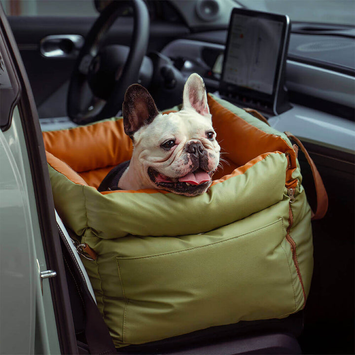 Französische Bulldogge im grünen Kunstleder-Autositz für Hunde im Auto.