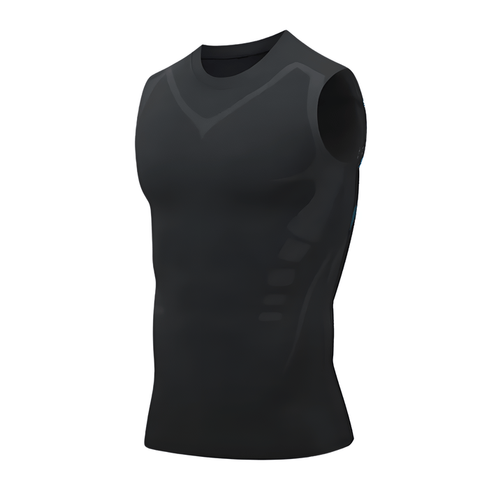 Schwarzes ärmelloses Sportshirt, atmungsaktiv, für Fitness und Training.