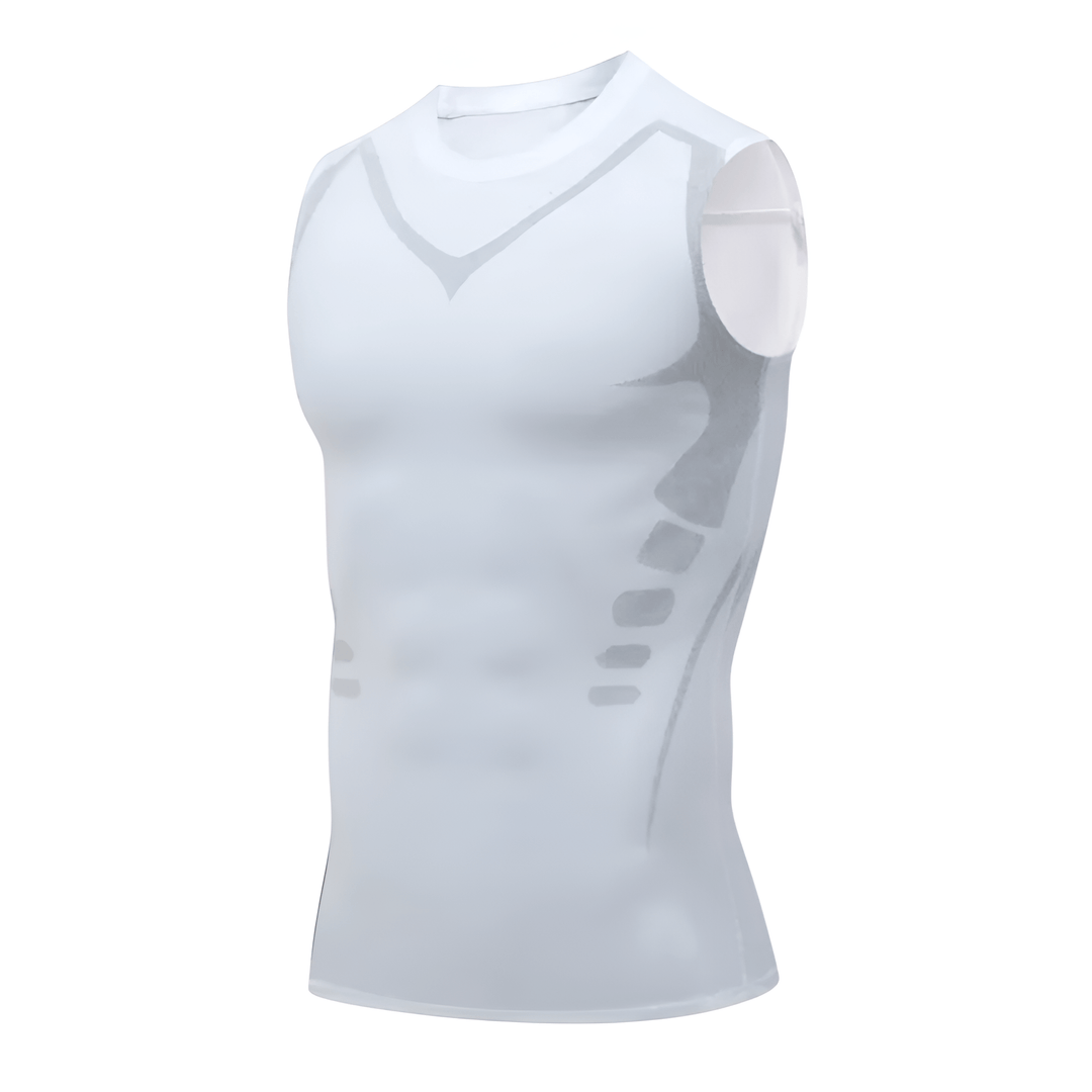 Ärmelloses weißes Kompressionsshirt für Herren, atmungsaktiv, Sportbekleidung, Fitness.