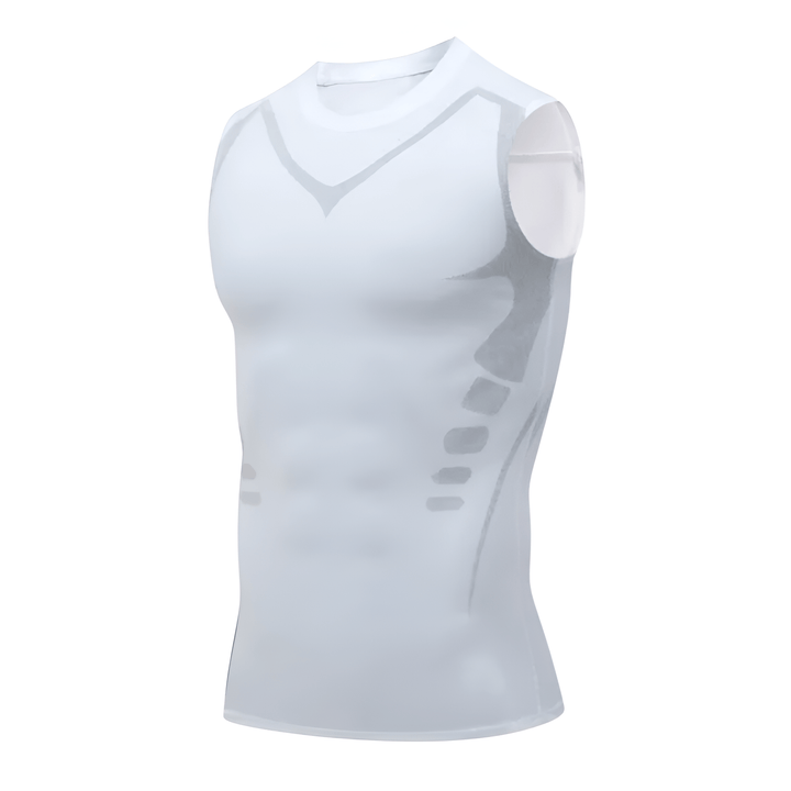 Ärmelloses weißes Kompressionsshirt für Herren, atmungsaktiv, Sportbekleidung, Fitness.