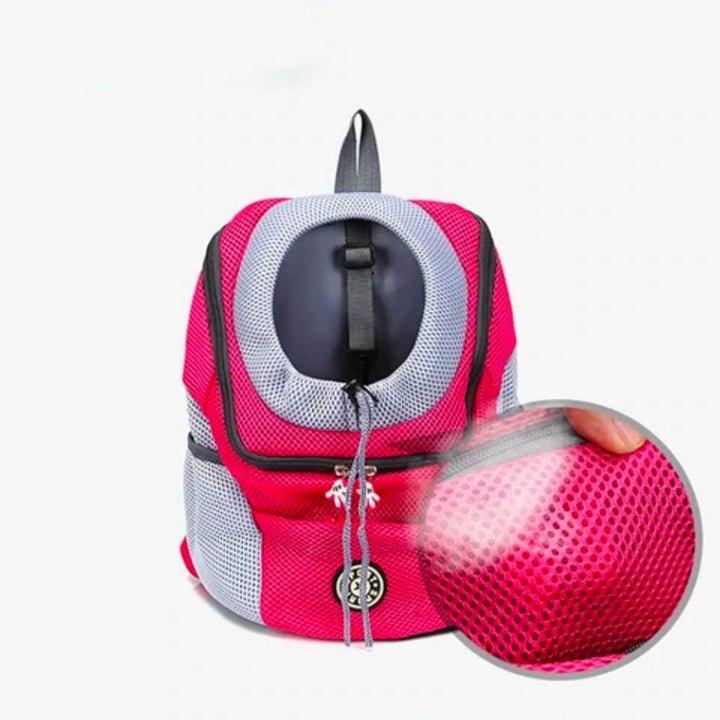 Rosa und grauer atmungsaktiver Haustier-Rucksack mit Netzgewebe für Hunde und Katzen.