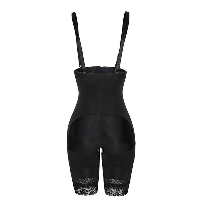 Schwarzer Shapewear-Body mit Spitzenbesatz, figurformend, Damenunterwäsche, Rückansicht.