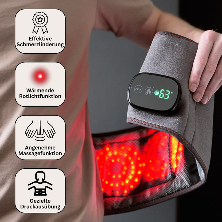Lendengurt mit Rotlichtfunktion, Massage, Druckausübung, graues Material, Rückenschmerzlinderung.