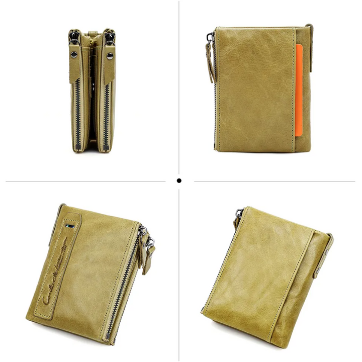 Kleine Geldbörse aus Leder mit Doppelreißverschluss, beige, kompakt, stilvoll, für Damen und Herren.