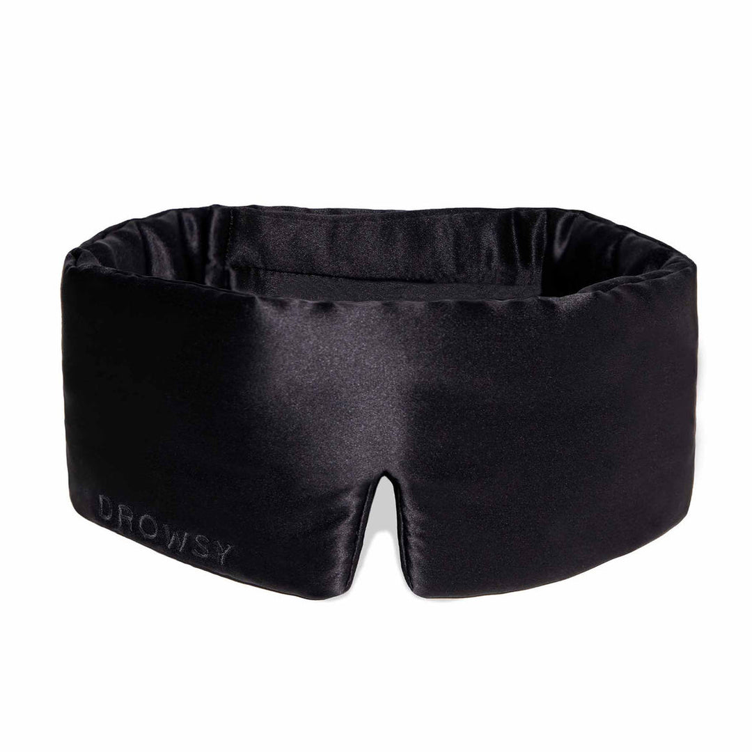 Schwarze Seiden-Schlafmaske, Drowsy, aus Maulbeerseide, luxuriös, bequem, lichtundurchlässig.