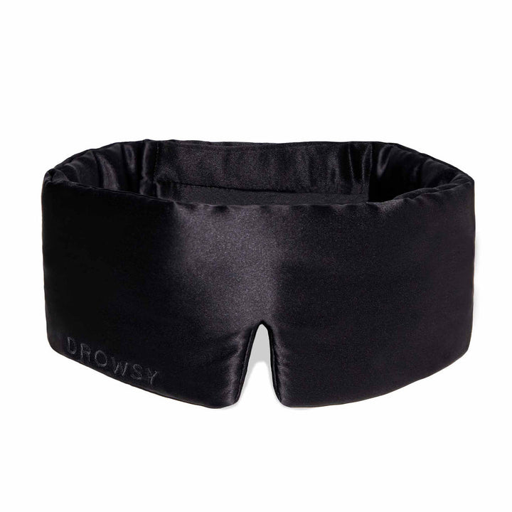 Schwarze Seiden-Schlafmaske, Drowsy, aus Maulbeerseide, luxuriös, bequem, lichtundurchlässig.