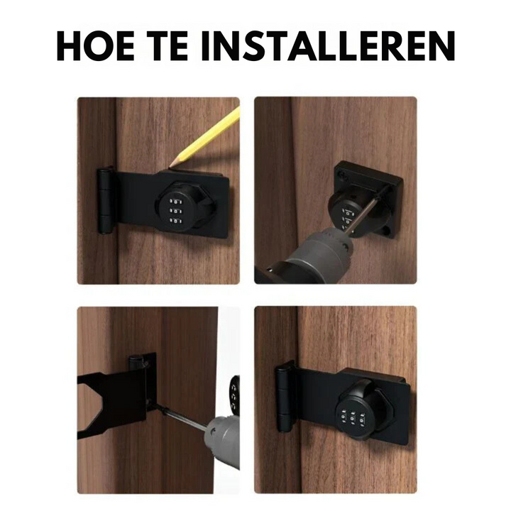 Vier Bilder zur Installation eines schwarzen Zahlenschlosses an einer Holztür.