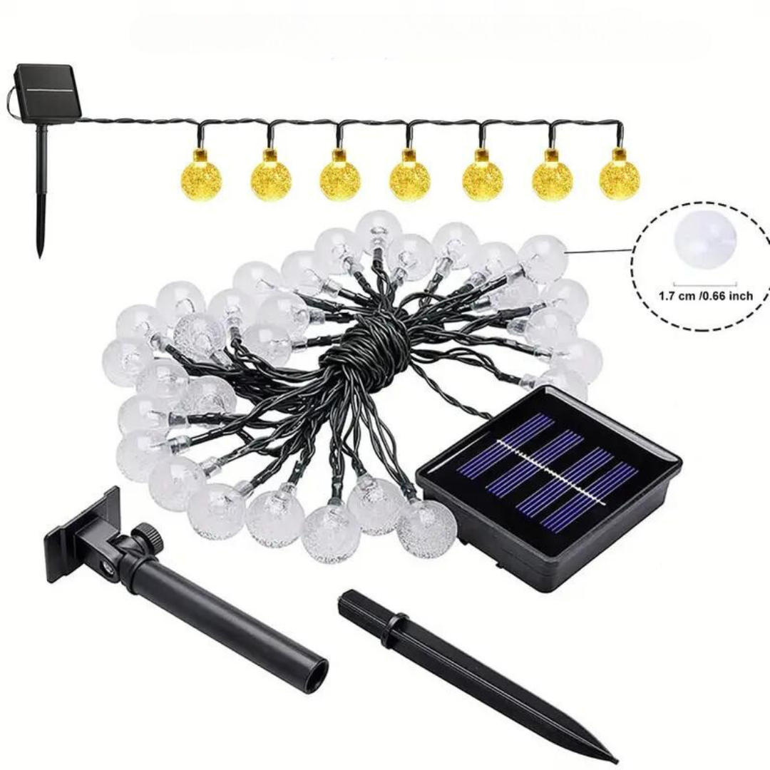 Solarbetriebene LED-Lichterkette, warmweiß, für Außenbereich, energiesparend, wetterfest.