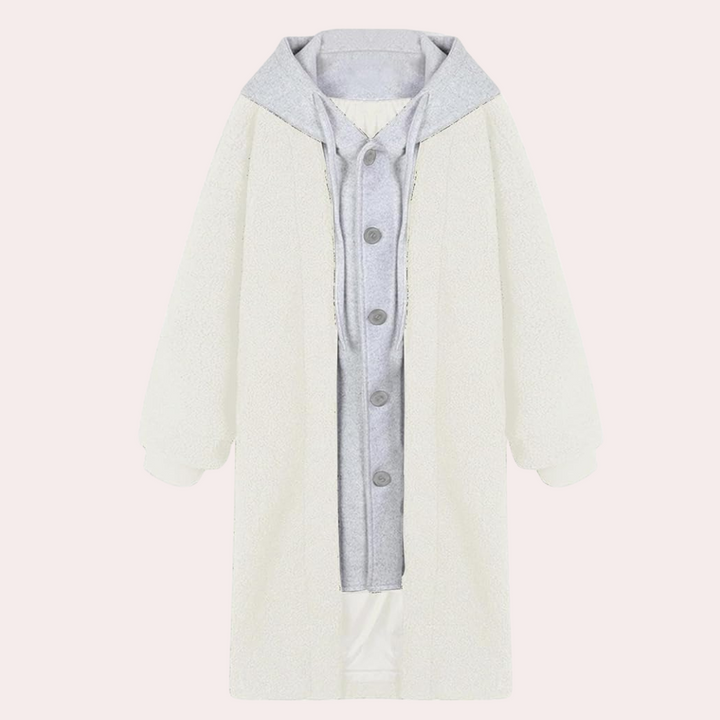 Weißer Damenmantel mit Kapuze, Knöpfen, aus Fleece, ideal für Herbst und Wintermode.