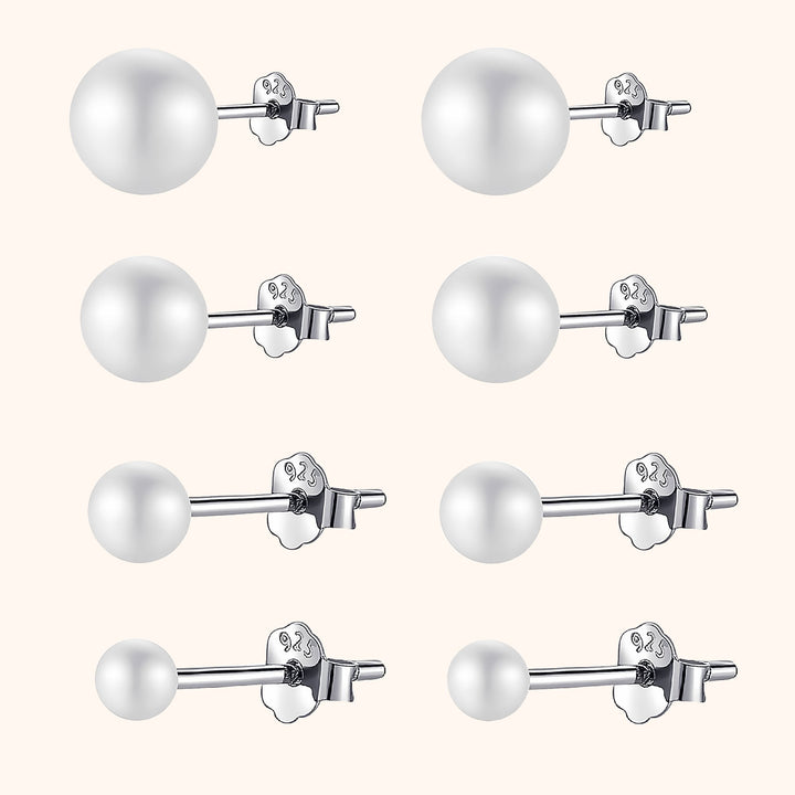 Neun Paar silberne Perlenohrringe, runde Form, glänzend, Schmuck für Damen.