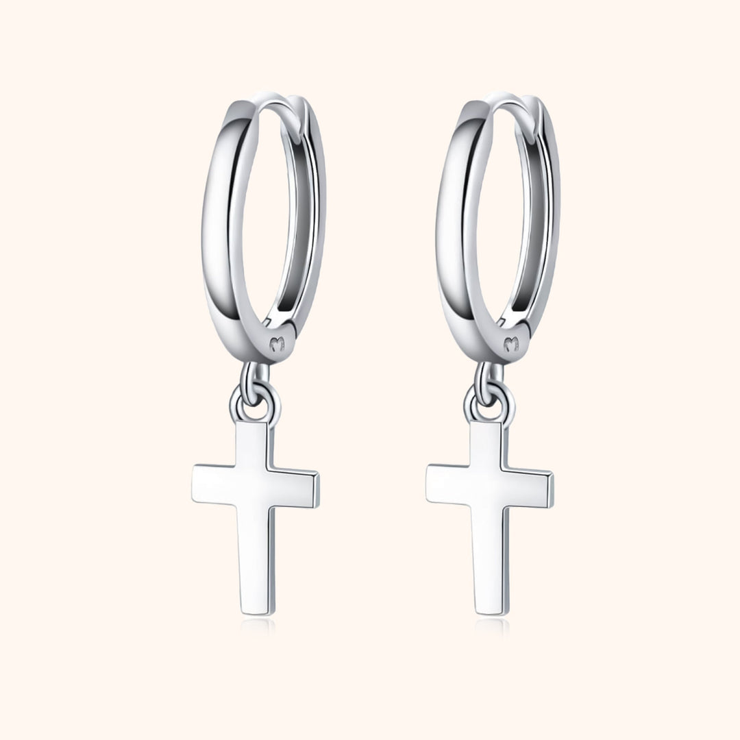 Silberne Creolen mit Kreuzanhänger, modische Ohrringe, Edelstahl, Schmuck für Damen.