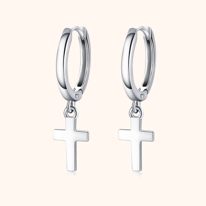 Silberne Creolen mit Kreuzanhänger, modische Ohrringe, Edelstahl, Schmuck für Damen.