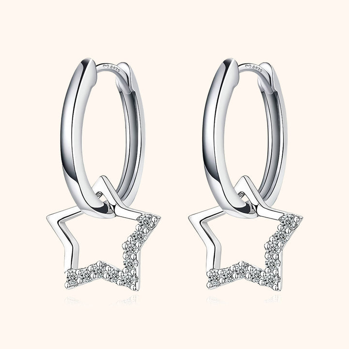 Silberne Creolen mit Sternanhängern, Zirkonia, modische Ohrringe, Schmuck für Damen.