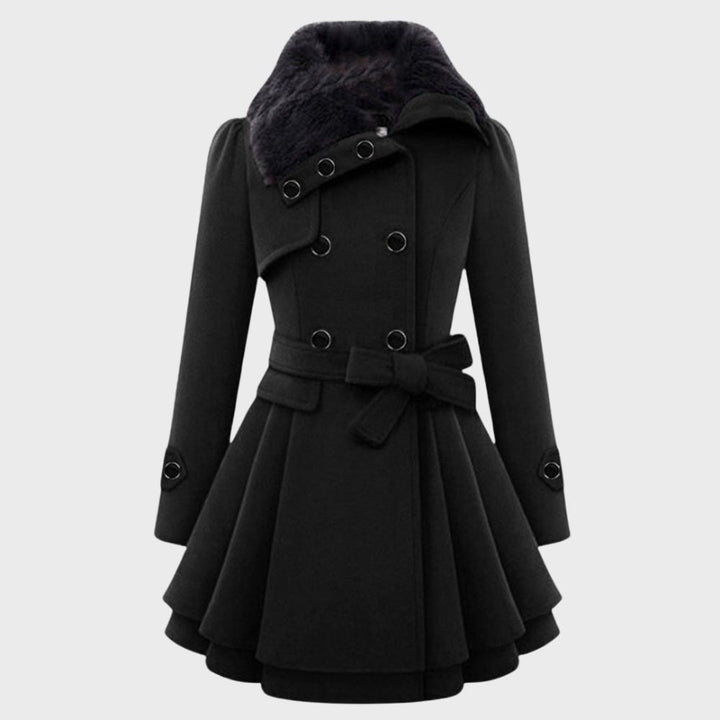 Schwarzer Damen-Wintermantel, doppelte Knopfleiste, Gürtel, warm, elegant, modisch.