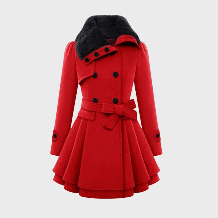 Roter Damen-Wintermantel mit Gürtel, doppelte Knopfleiste, schwarzer Kragen, elegant, warm.