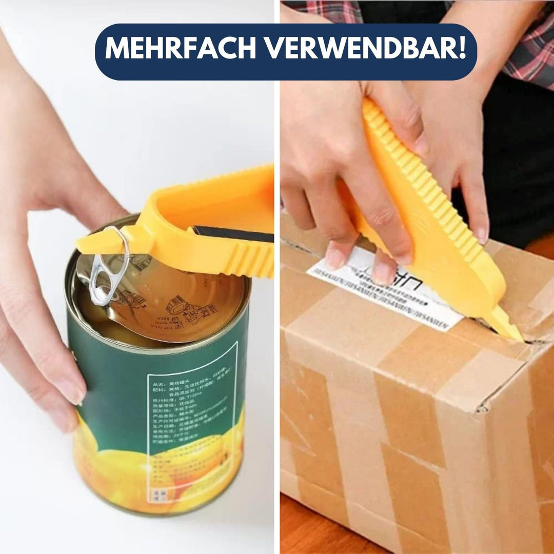 Zweifach-Werkzeug: Gelber Dosenöffner und Kartonschneider, vielseitig einsetzbar.