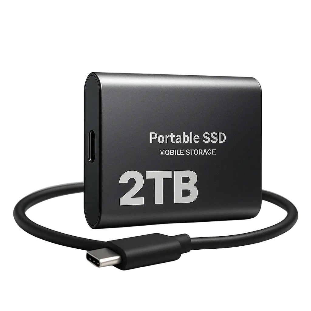 Černý kovový externí disk s portem USB-C a svinutým černým kabelem na bílém pozadí 1