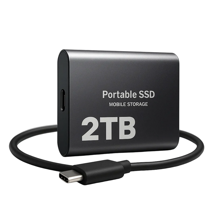 Černý kovový externí disk s portem USB-C a svinutým černým kabelem na bílém pozadí 1