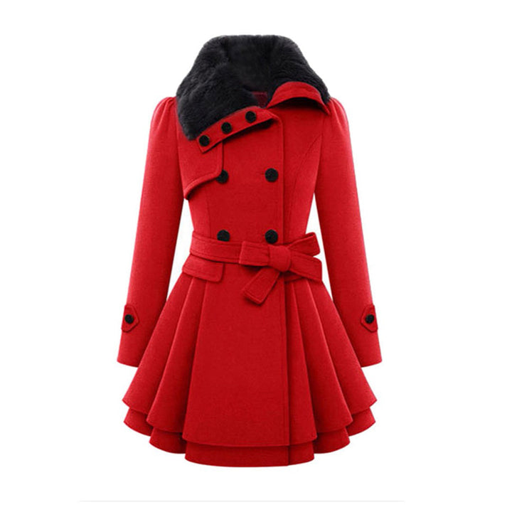 Roter Damen-Wintermantel mit Gürtel, doppelte Knopfleiste, schwarzer Kragen, elegantes Design.