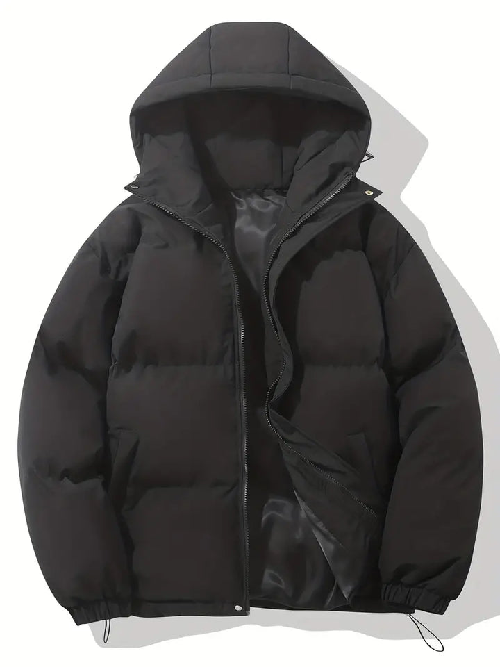Schwarze warme Kapuzenjacke, klassisches Design, Winterjacke, Unisex, isoliert, modisch.